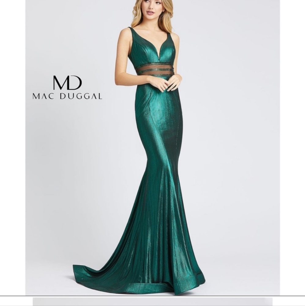 FLASH BY MAC DUGGAL Emerald Green Metallic Illusion Waist Dress Gown